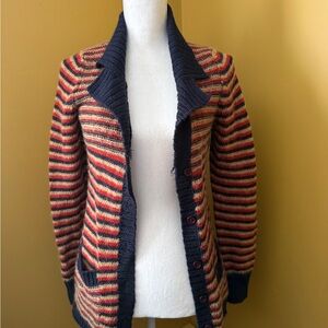 Striped Navy Trim Women's Knit Cardigan Sweater